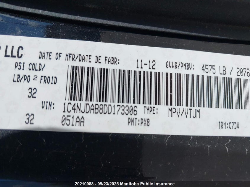 2013 Jeep Compass North VIN: 1C4NJDAB8DD173306 Lot: 20210088