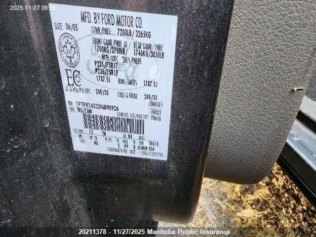 2005 Ford F150 Supercab VIN: 1FTPX14535NB90926 Lot: 20211378