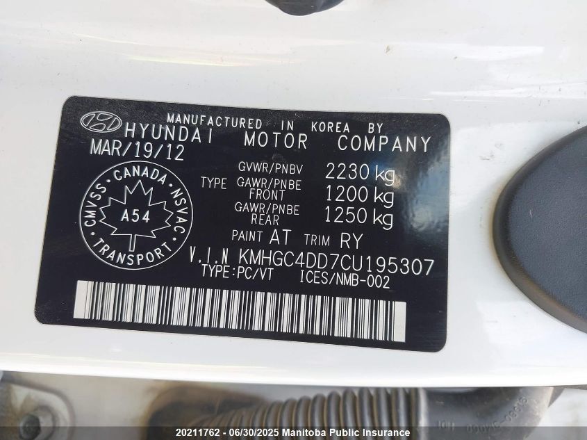 2012 Hyundai Genesis V6 VIN: KMHGC4DD7CU195307 Lot: 20211762