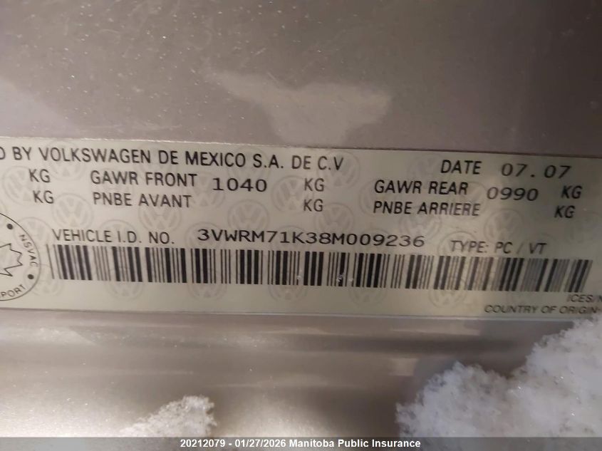 2008 Volkswagen Jetta 2.5 VIN: 3VWRM71K38M009236 Lot: 20212079