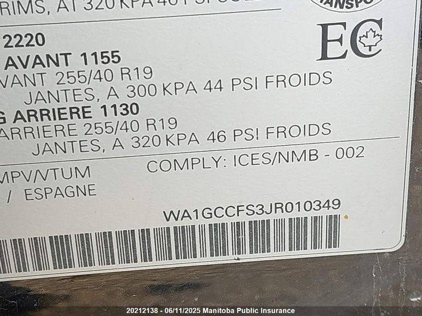 2018 Audi Q3 VIN: WA1GCCFS3JR010349 Lot: 20212138