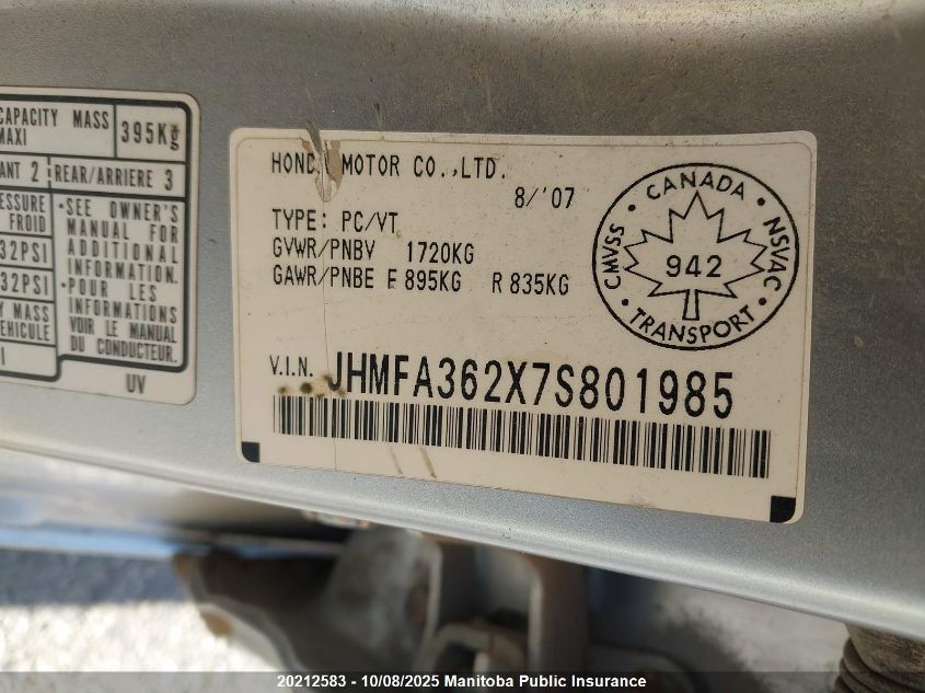 2007 Honda Civic Hybrid VIN: JHMFA362X7S801985 Lot: 20212583