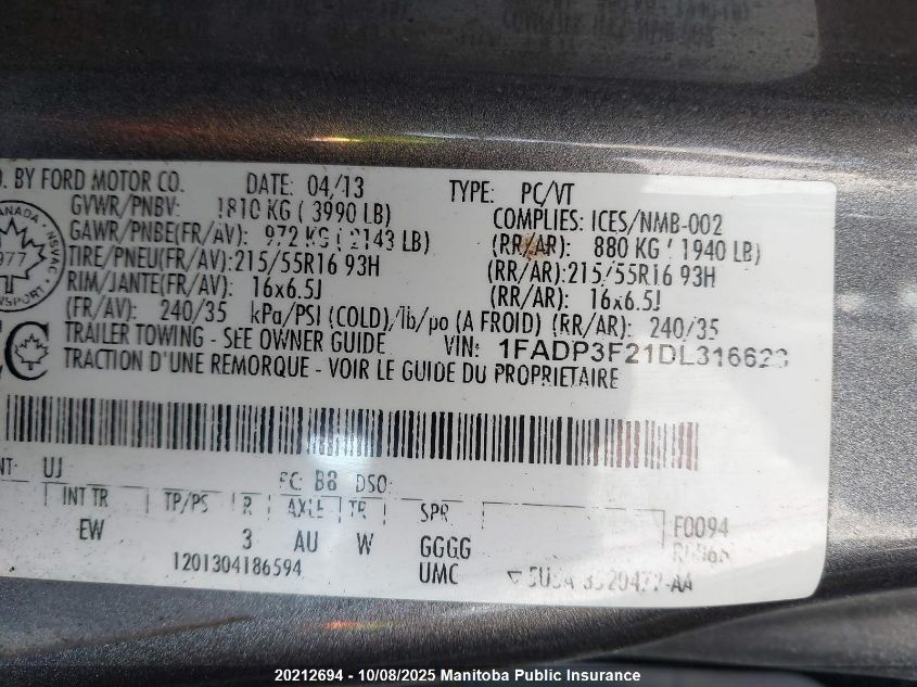 2013 Ford Focus Se VIN: 1FADP3F21DL316623 Lot: 20212694