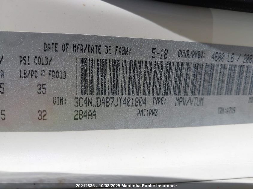 2018 Jeep Compass Sport VIN: 3C4NJDAB7JT401804 Lot: 20212835