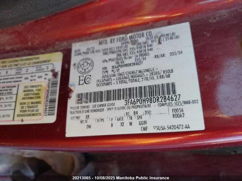 2013 Ford Fusion Se VIN: 3FA6P0H98DR284627 Lot: 20213065