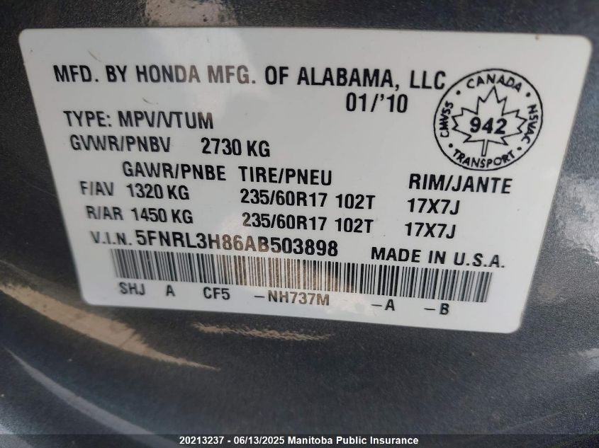 2010 Honda Odyssey Touring VIN: 5FNRL3H86AB503898 Lot: 20213237