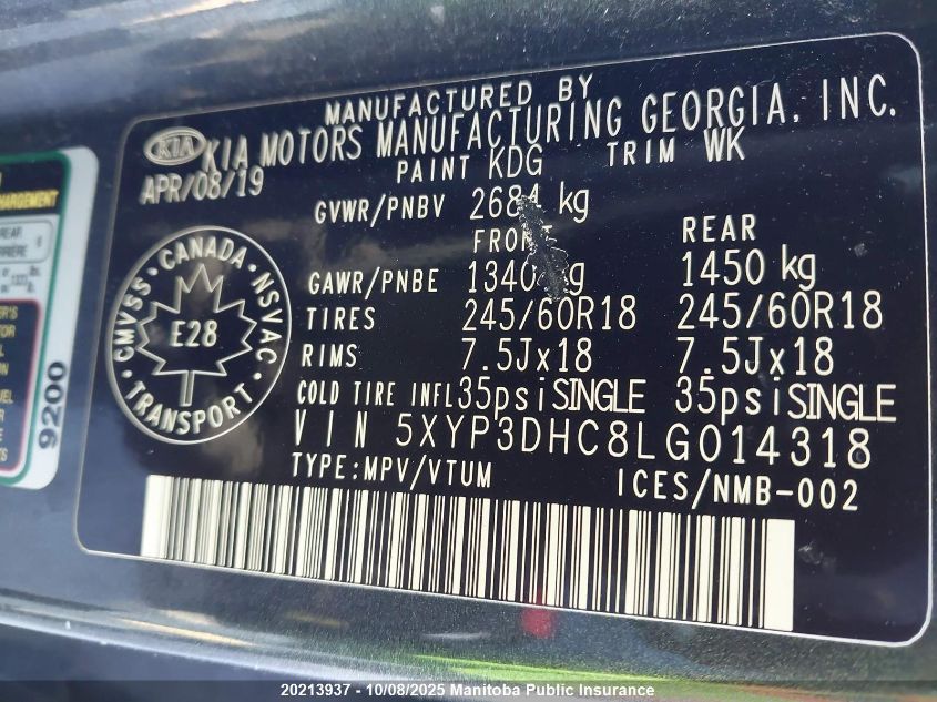 2020 Kia Telluride Ex VIN: 5XYP3DHC8LG014318 Lot: 20213937