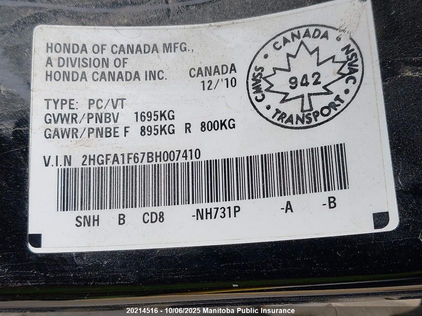 2011 Honda Civic Lx VIN: 2HGFA1F67BH007410 Lot: 20214516