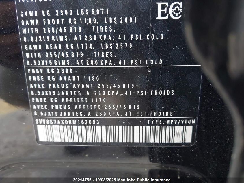 2024 Volkswagen Tiguan Comfort R-Line 2.0 Tsi VIN: 3VV8B7AX0RM162093 Lot: 20214755