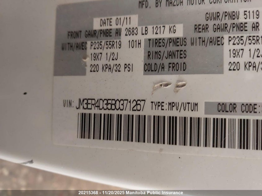 2011 Mazda Cx -7 Gs VIN: JM3ER4D35B0371267 Lot: 20215368