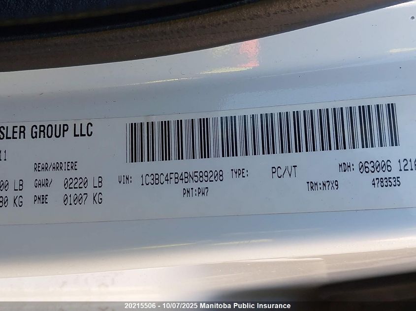 2011 Chrysler 200 Lx VIN: 1C3BC4FB4BN589208 Lot: 20215506