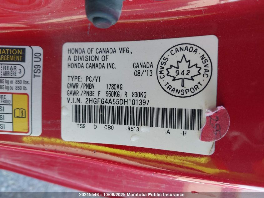 2013 Honda Civic Si Si VIN: 2HGFG4A55DH101397 Lot: 20215546