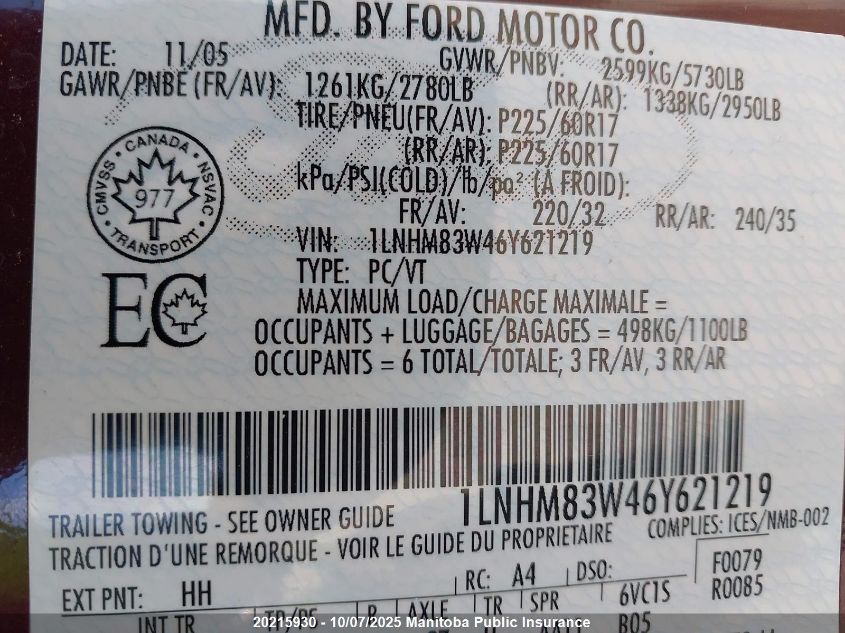 2006 Lincoln Town Car Designer VIN: 1LNHM83W46Y621219 Lot: 20215930