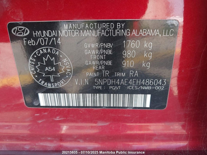 2014 Hyundai Elantra Gls VIN: 5NPDH4AE4EH486043 Lot: 20215935