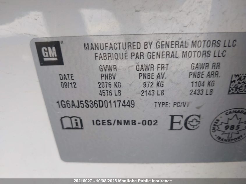 2013 Cadillac Ats V6 VIN: 1G6AJ5S36D0117449 Lot: 20216027