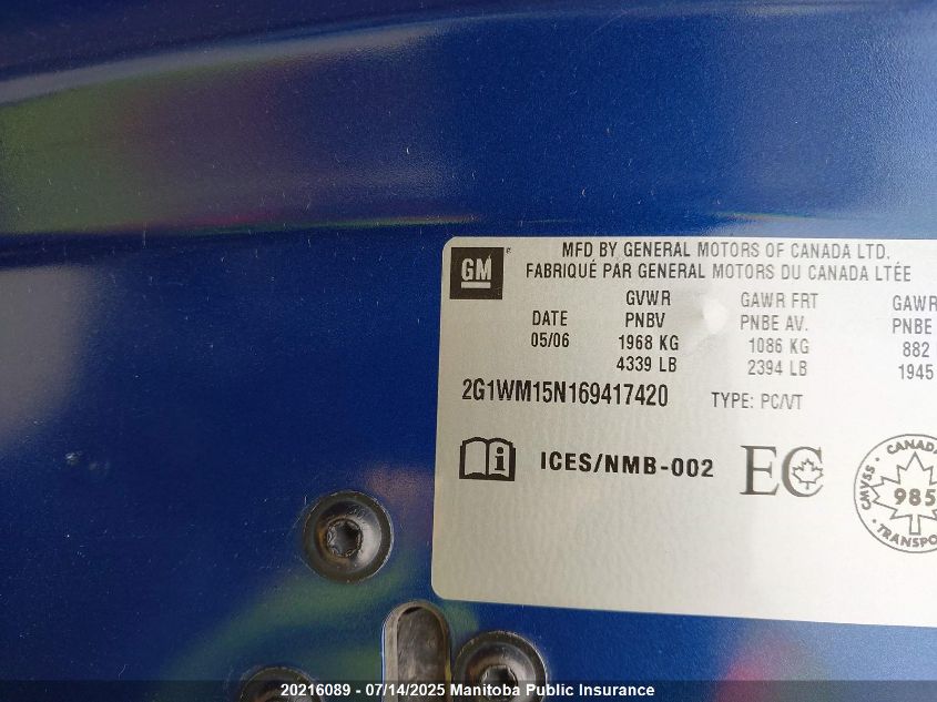 2006 Chevrolet Monte Carlo Lt VIN: 2G1WM15N169417420 Lot: 20216089