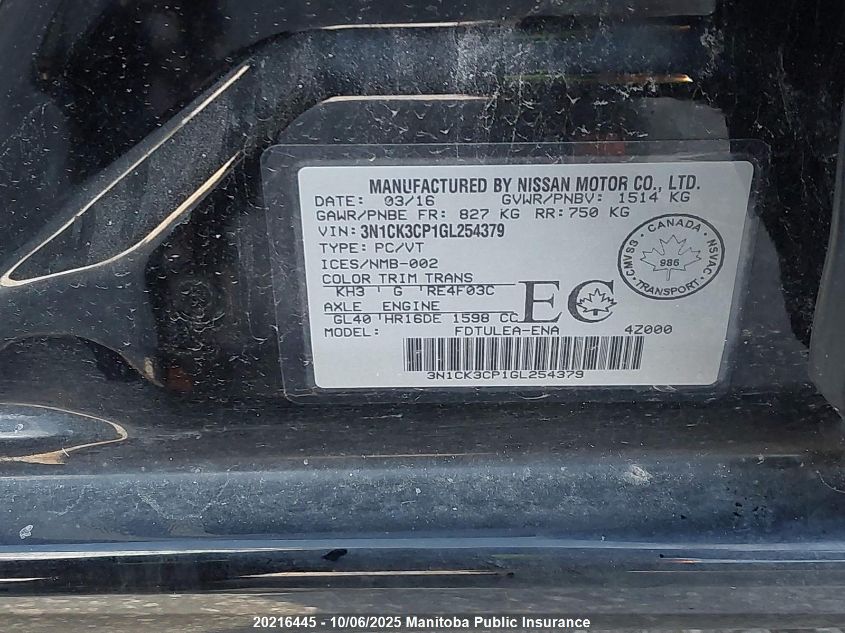 2016 Nissan Micra Sv VIN: 3N1CK3CP1GL254379 Lot: 20216445