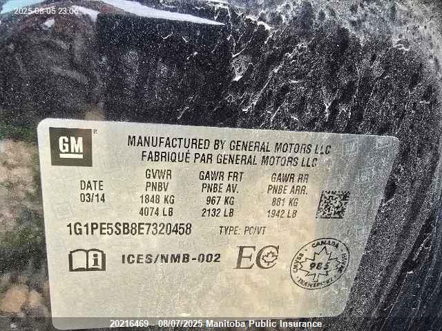 2014 Chevrolet Cruze Lt Turbo VIN: 1G1PE5SB8E7320458 Lot: 20216469