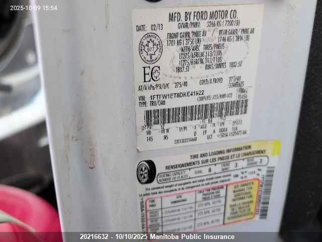 2013 Ford F150 Xlt Supercrew VIN: 1FTFW1ET8DKE41922 Lot: 20216632