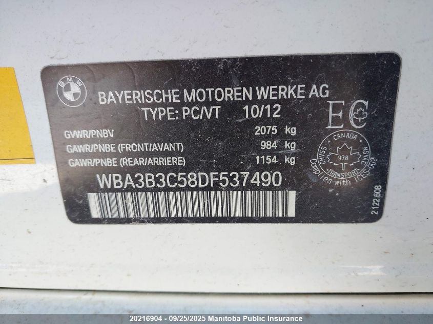 2013 BMW 328Xi VIN: WBA3B3C58DF537490 Lot: 20216904