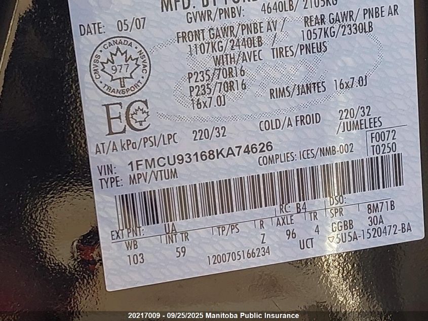 2008 Ford Escape Xlt V6 VIN: 1FMCU93168KA74626 Lot: 20217009