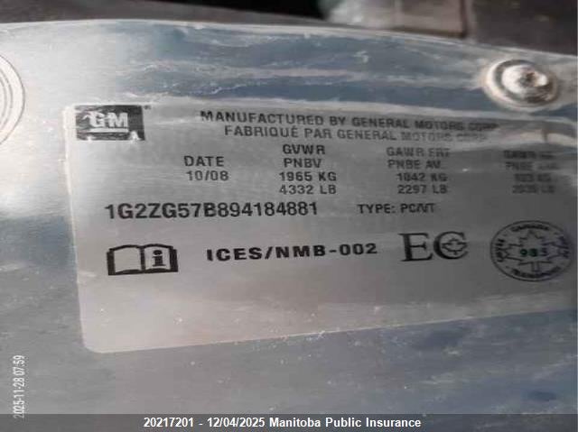1G2ZG57B894184881 2009 PONTIAC G6 photo no. 9