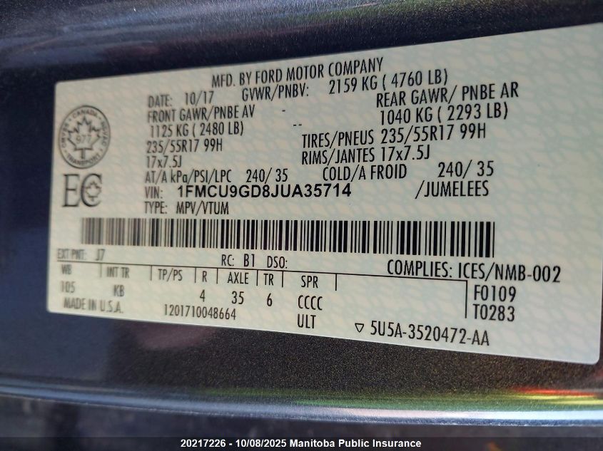 2018 Ford Escape Se VIN: 1FMCU9GD8JUA35714 Lot: 20217226