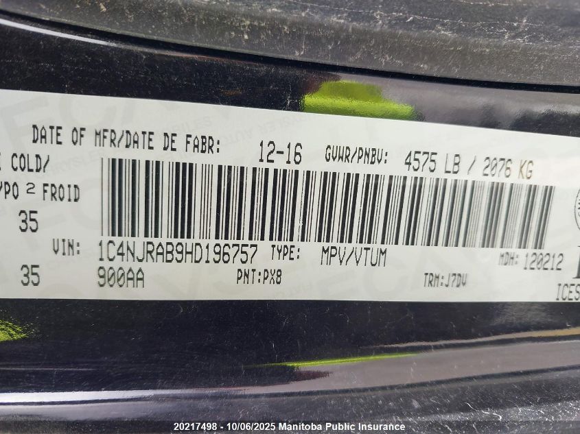 2017 Jeep Patriot North VIN: 1C4NJRAB9HD196757 Lot: 20217498