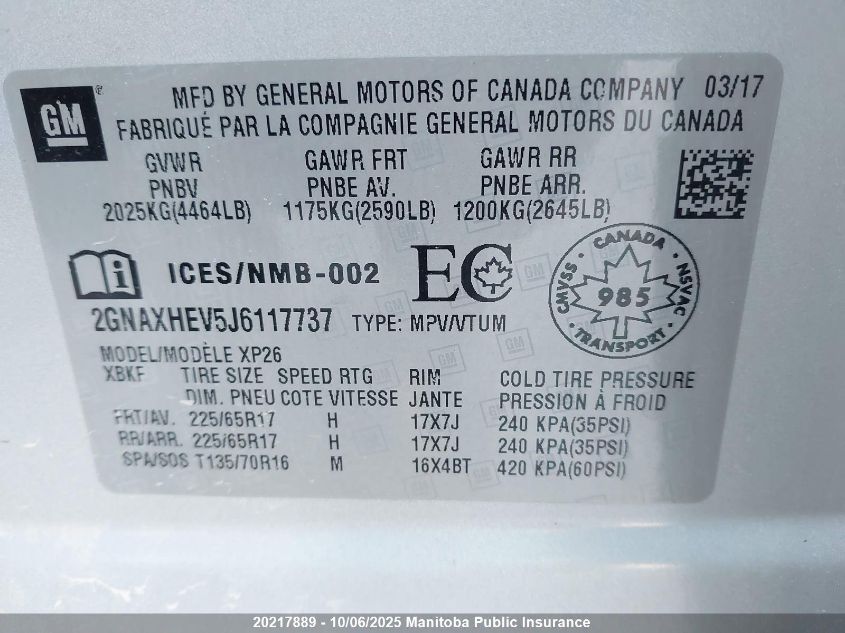 2018 Chevrolet Equinox Ls VIN: 2GNAXHEV5J6117737 Lot: 20217889