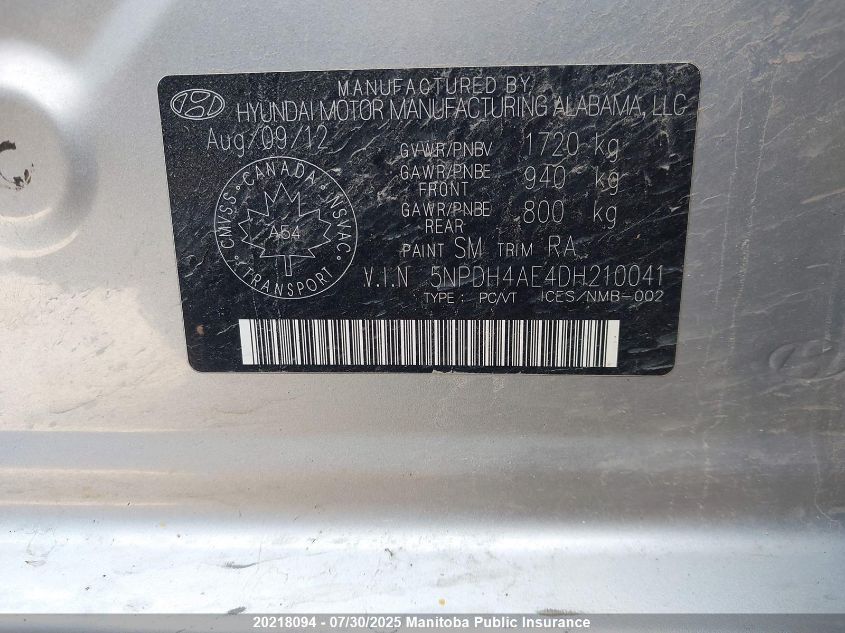 2013 Hyundai Elantra Gls VIN: 5NPDH4AE4DH210041 Lot: 20218094