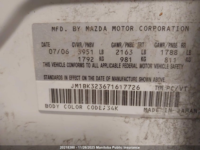 2007 Mazda Mazda3 Gt VIN: JM1BK323671617726 Lot: 20218380