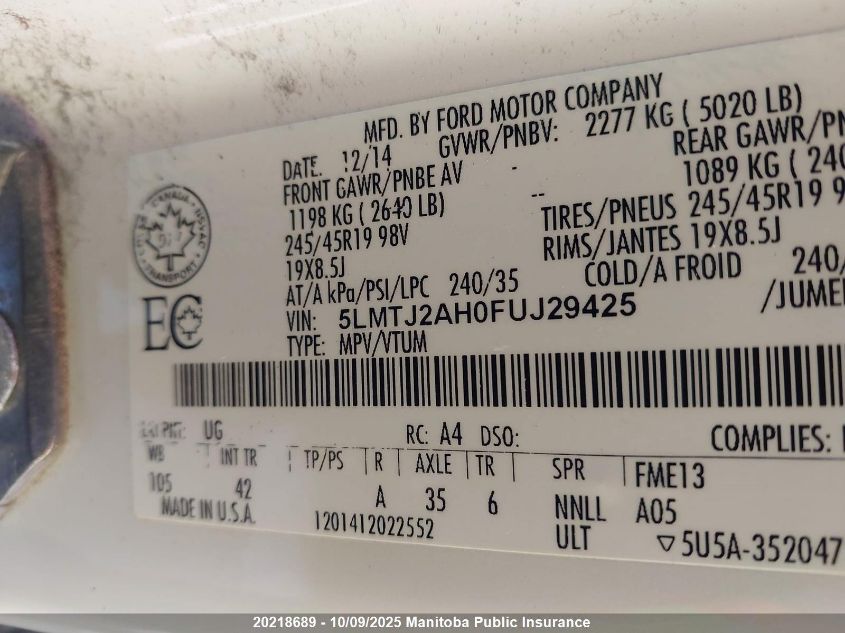 2015 Lincoln Mkc VIN: 5LMTJ2AH0FUJ29425 Lot: 20218689