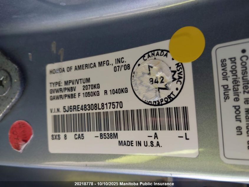 2008 Honda Cr-V Lx VIN: 5J6RE48308L817570 Lot: 20218778