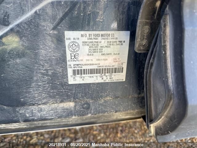 2019 Ford Edge Sel VIN: 2FMPK4J95KBB64435 Lot: 20218931