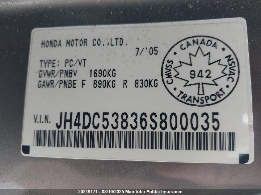 2006 Acura Rsx Premium VIN: JH4DC53836S800035 Lot: 20219171