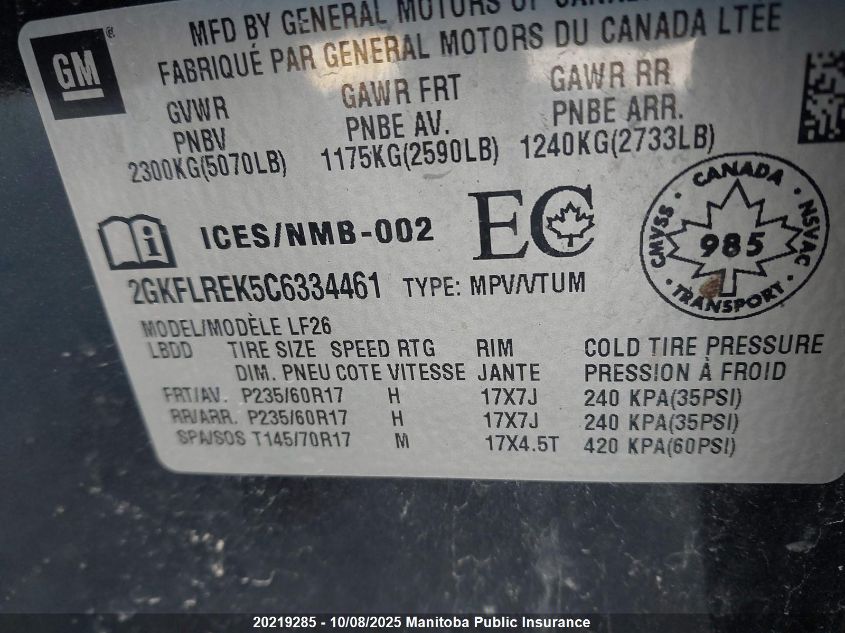 2012 GMC Terrain Sle VIN: 2GKFLREK5C6334461 Lot: 20219285