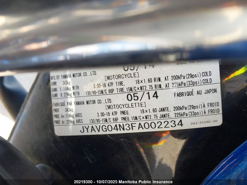 2015 Yamaha Xv250X V-Star VIN: JYAVG04N3FA002234 Lot: 20219300