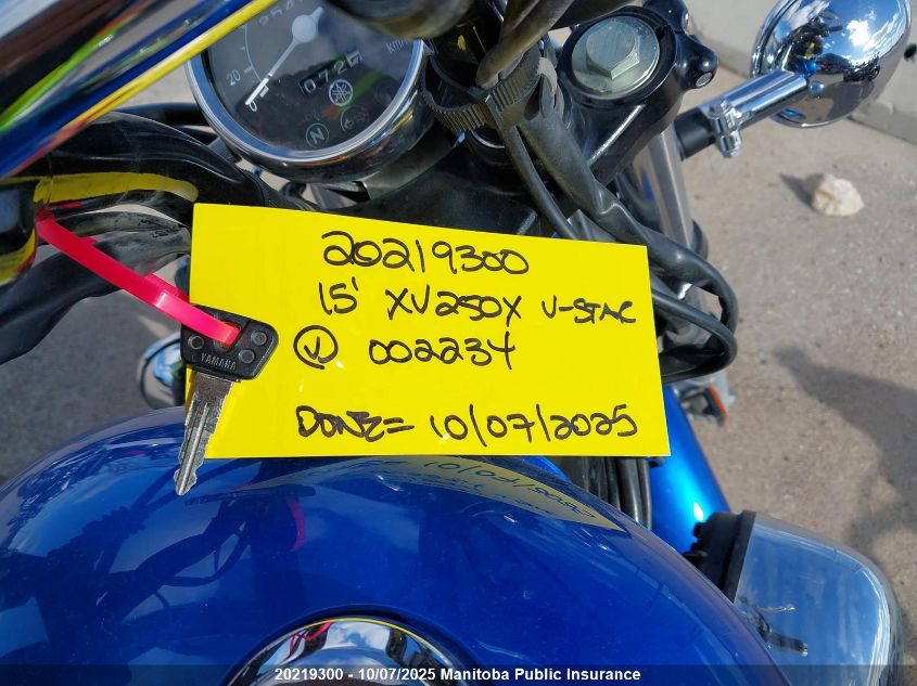 2015 Yamaha Xv250X V-Star VIN: JYAVG04N3FA002234 Lot: 20219300