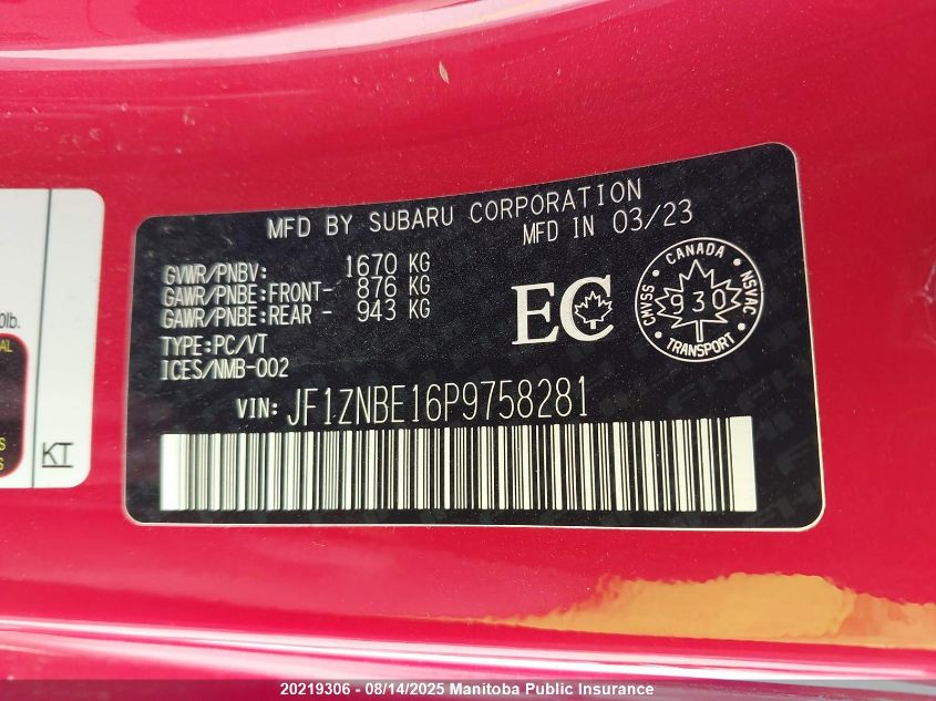 2023 Toyota Gr86 VIN: JF1ZNBE16P9758281 Lot: 20219306