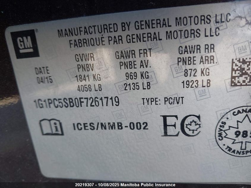 2015 Chevrolet Cruze Lt Turbo VIN: 1G1PC5SB0F7261719 Lot: 20219307