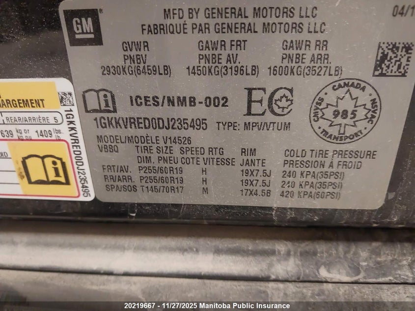 2013 GMC Acadia Slt VIN: 1GKKVRED0DJ235495 Lot: 20219667