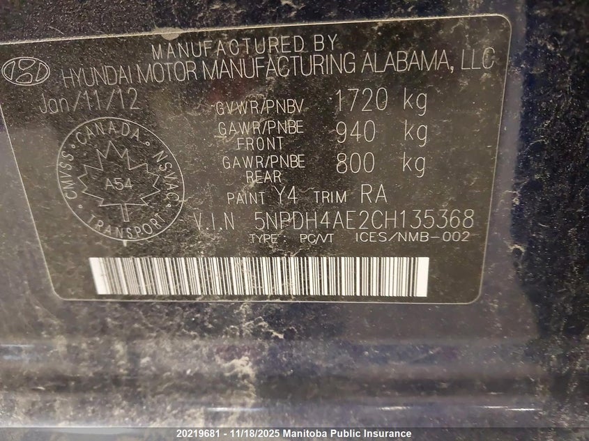 2012 Hyundai Elantra Gls VIN: 5NPDH4AE2CH135368 Lot: 20219681