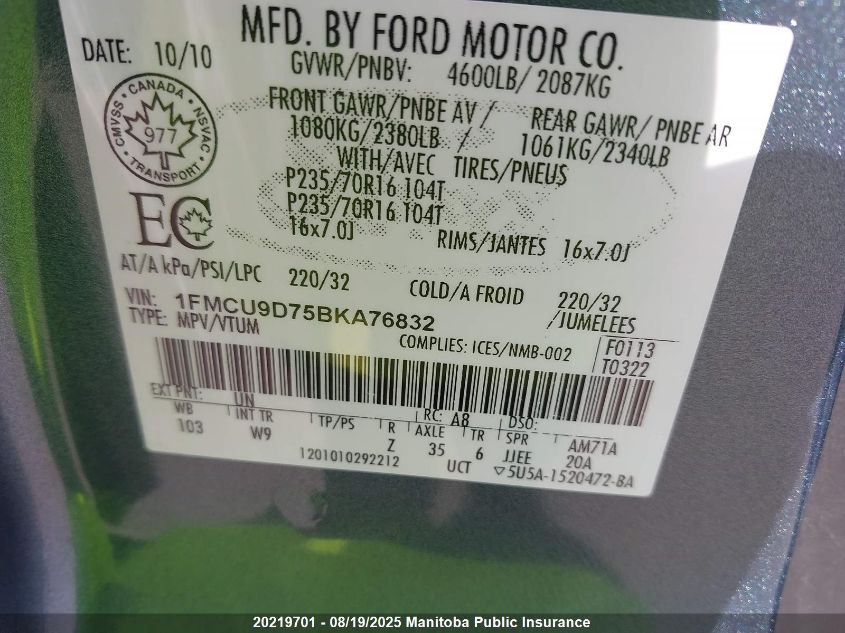 2011 Ford Escape Xlt VIN: 1FMCU9D75BKA76832 Lot: 20219701