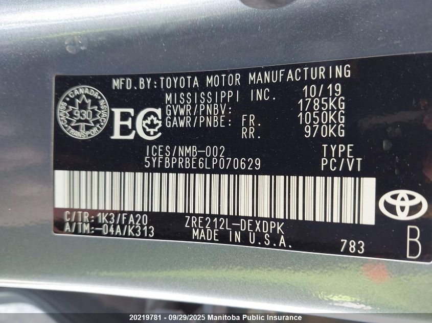 2020 Toyota Corolla L VIN: 5YFBPRBE6LP070629 Lot: 20219781