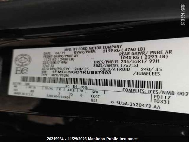 2019 Ford Escape Se VIN: 1FMCU9GD1KUB87903 Lot: 20219954