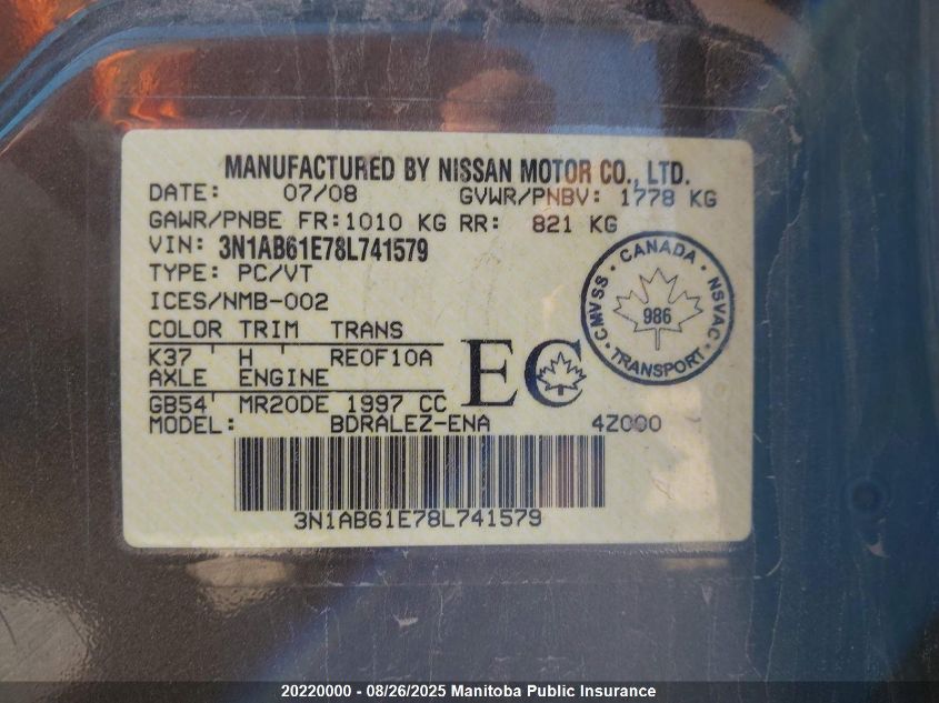 2008 Nissan Sentra 2.0 S VIN: 3N1AB61E78L741579 Lot: 20220000