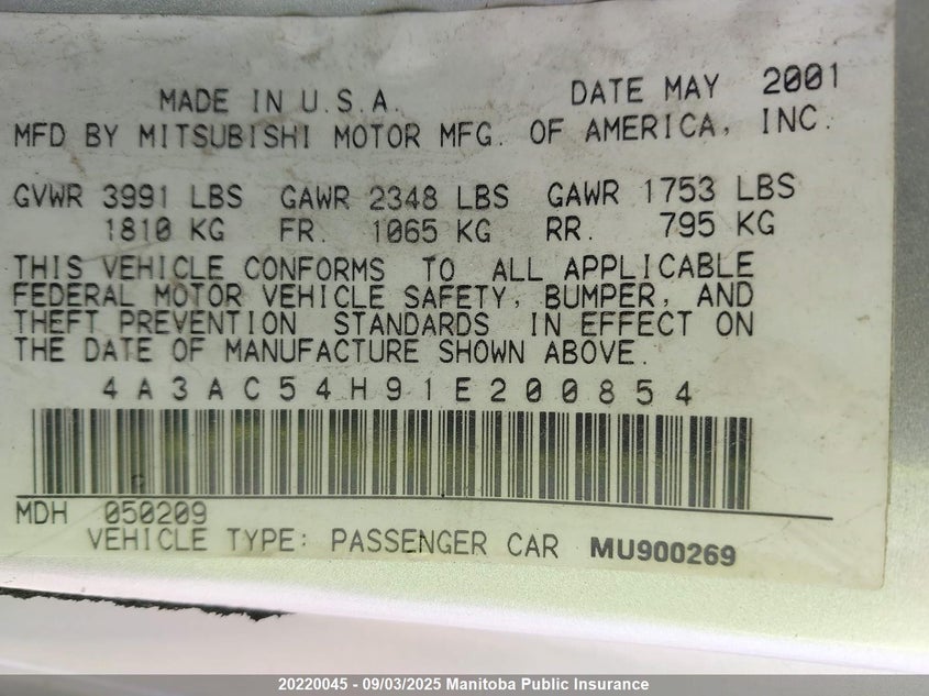 2001 Mitsubishi Eclipse Gt VIN: 4A3AC54H91E200854 Lot: 20220045
