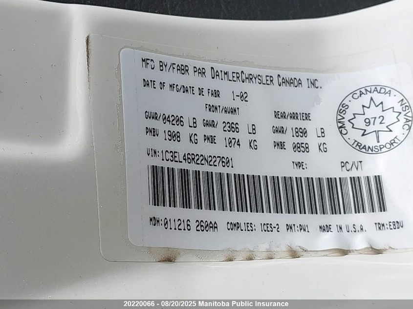 2002 Chrysler Sebring Lx VIN: 1C3EL46R22N227601 Lot: 20220066