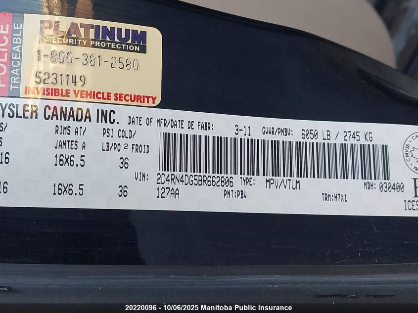 2011 Dodge Grand Caravan Se VIN: 2D4RN4DG5BR662806 Lot: 20220096