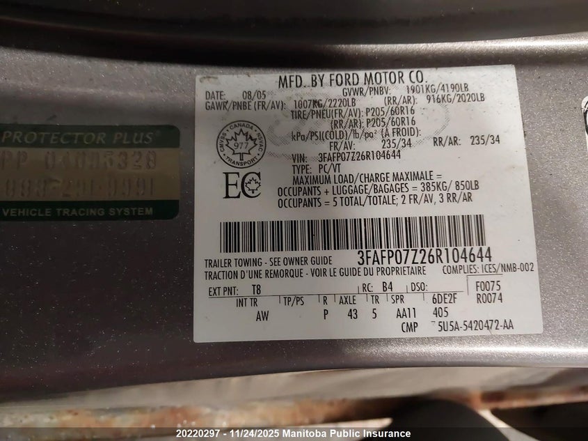 2006 Ford Fusion Se VIN: 3FAFP07Z26R104644 Lot: 20220297